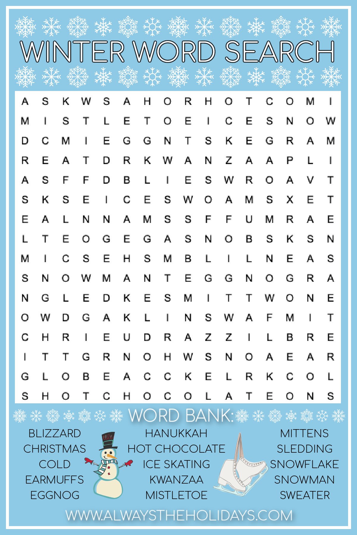 free winter word search printable - with answer key included